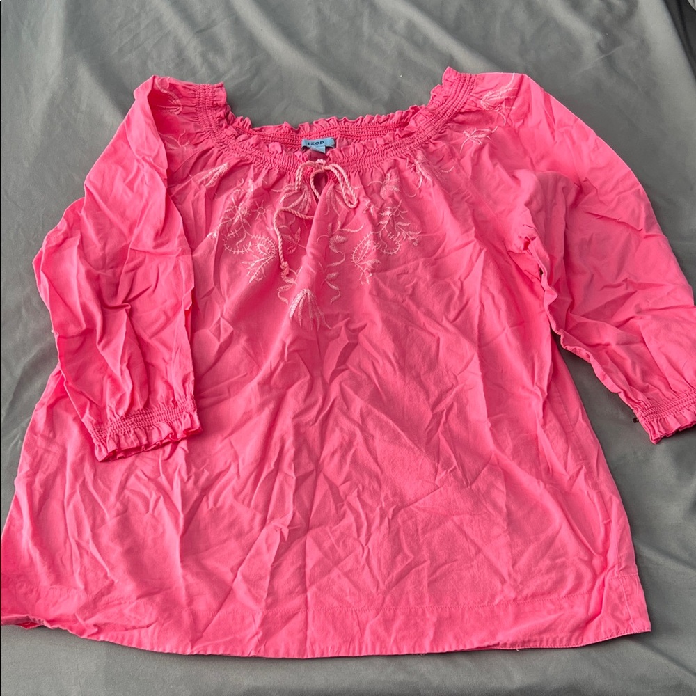 Izod Hot Pink Off-Shoulder Peasant Blouse with White Embroidery